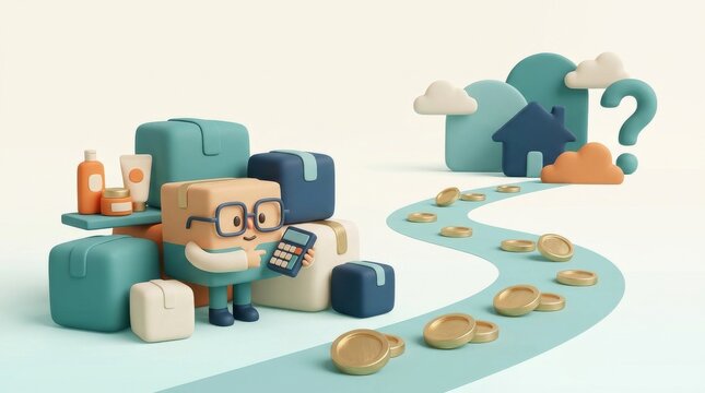 Year End Small Business Inventory and Holiday Cash Flow, A character sits among colorful boxes, reading a book with coins leading to a house in a whimsical scene.