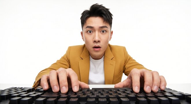  Front view portrait of shocked young Asian man in yellow blazer looking down at screen in disbelief