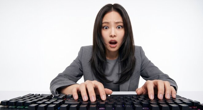 Shocked young professional businesswoman in grey suit looking down at computer screen with wide eyes