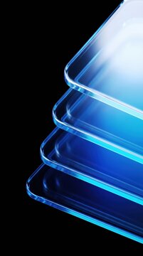 Abstract stack of blue glass sheets with light reflections on a dark background.