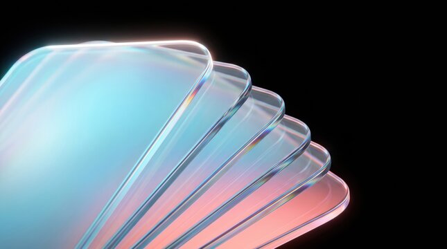 Abstract stack of iridescent glass sheets with colorful reflections on a dark background.