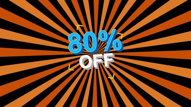 80% off sale motion. 80 percent off 3D text on orange sunburst