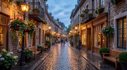 Fototapeta premium Charming Cobblestone Street in Historic European Village with Warm Lighting and Flowered Balconies