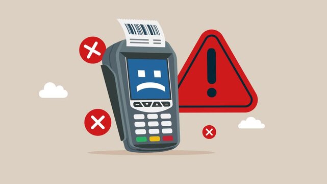 Operating system error POS point of sale terminal for credit card payment. Security alert or hardware fault to be fixed, maintenance. Business  2d animation video