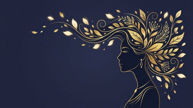 Profile of a woman with golden foliage hair, autumn botanical concept, elegant ornamental illustration for luxury branding and wellness identity projects