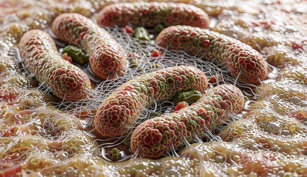 Microscopic view of bacteria with green and red surface textures