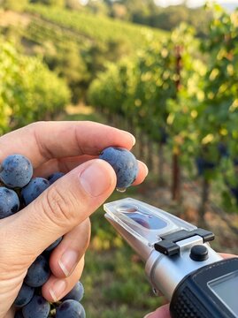 Viticulturist Testing Grape Sugar Brix with Digital Refractometer Vineyard