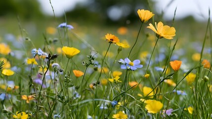 Fototapeta premium A vibrant meadow bursting with yellow and blue wildflowers swaying gently in natural daylight