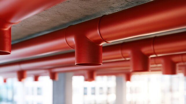 Red industrial pipes installed on a ceiling with a T-joint connector, set against a blurred background of windows in a building interior.