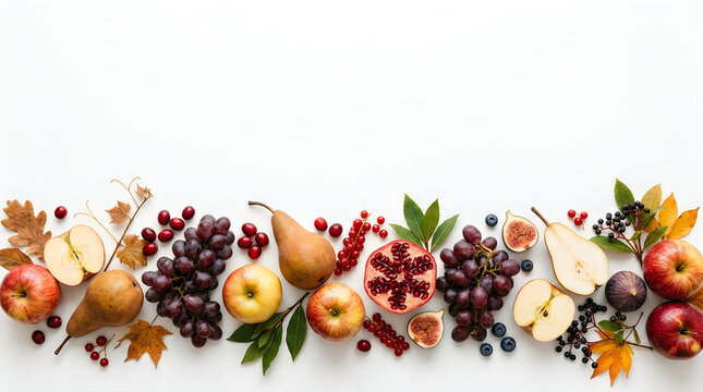 Assortment of fresh fruits displayed on reflective white surface