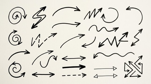 Hand-Drawn Arrow Collection: Swirls, Zigzags, and Straight Lines on Textured Background