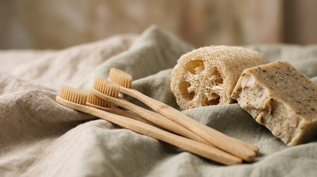 Bamboo toothbrushes with natural soap and luffa for zero waste