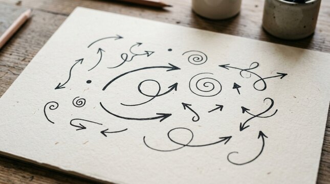 Hand-drawn arrow doodles and swirls on textured paper, artistic illustration