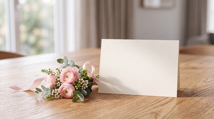 Obraz premium Pink Flower Bouquet with Greenery and Blank Card on Wooden Table in Bright Room