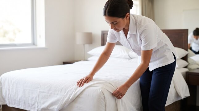 Hotel housekeeper carefully fitting crisp white bed sheet on mattress in modern guest room, conveying hospitality service standards, room cleaning, and housekeeping duty