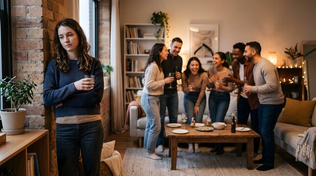 Lonely Young Woman Feels Excluded at a Lively Social Gathering.