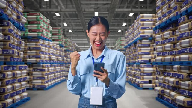 Asian Female With Her Smarphone at Warehouse Stacked Cement Bags Pallets, She Raises Her Fist Up With Screaming Goal