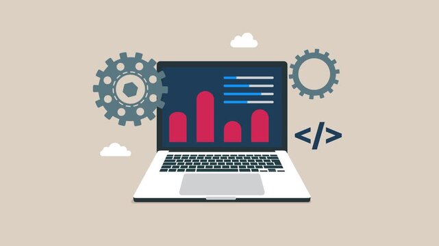 Computer system maintenance, update program and application. Computing and development. Data processing, programming and digital work. Business 2d animation video