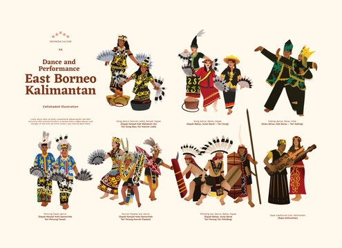 Isolated east borneo dance illustration using cell shaded style