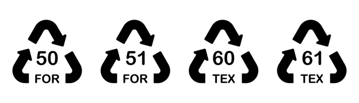 Recycling, material, identification, codes including 50 FOR, 51 FOR, 60 TEX and 61 TEX for packaging materials, waste sorting and recycling classification.