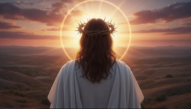 Jesus crown thorns, back view savior white robe halo ring, sunset desert hills. Christian faith resurrection concept, jesus crown thorns holy light
