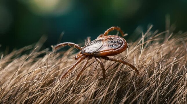 Tick on fur macro, brown parasite crawling animal hair, dark green blur backdrop. Tick bite danger concept, tiny pest disease risk closeup. Tick on fur wild warning