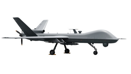 Gray military drone with propeller and landing gear, isolated on transparent background © PNGera