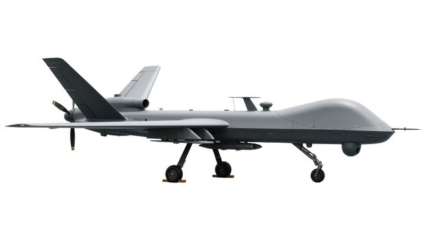 Gray military drone with propeller and landing gear, isolated on transparent background