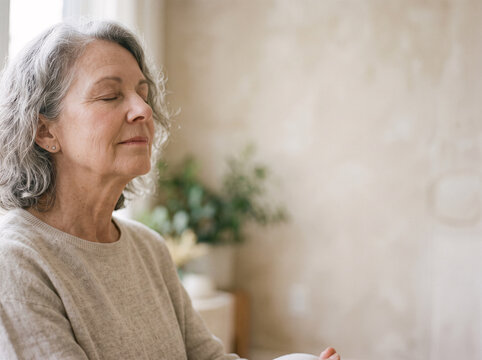 Senior Woman Meditating with Right Copy Space Longevity Concept