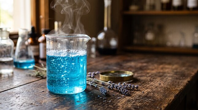 Glowing blue liquid in glass beaker with vapor on wooden lab bench, science experiment and chemistry education concept