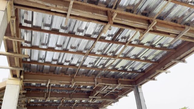 Low angle view of corrugated steel decking for concrete slab floor
