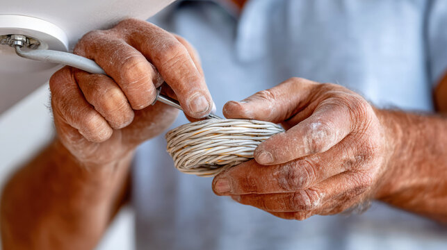 Closeup aged hands twisting ceiling lamp wires during electrical repair for home maintenance and background use