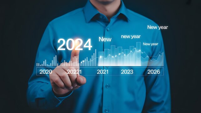 New year business timeline with 2024 milestone, annual growth chart and future planning