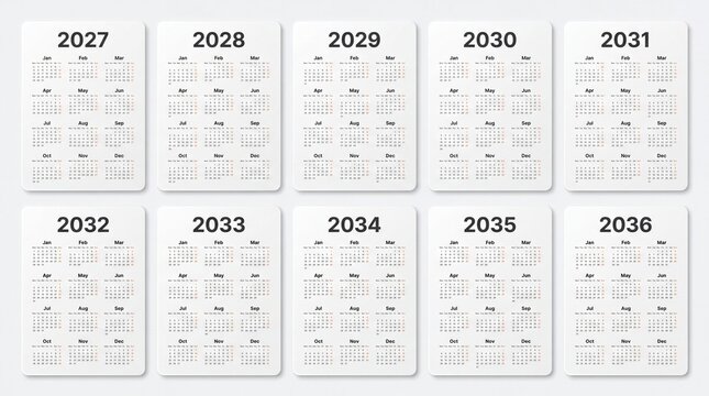 Comprehensive collection of ten annual planners spanning from the year twenty twenty-seven through twenty thirty-six, carefully organized for comprehensive schedule tracking and long-term