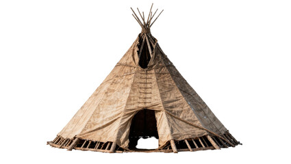 Traditional Native American teepee dwelling made of animal hide and wooden poles, isolated on transparent background © PNGera