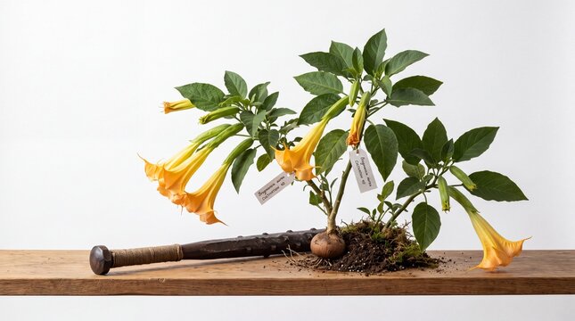 An unusual composition featuring a mandrake root plant with bright yellow flowers alongside a wooden mace placed together on a rustic wooden shelf inside a room with a plain wall. 4K