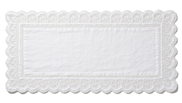 White linen placemat with intricate lace trim, isolated on transparent background