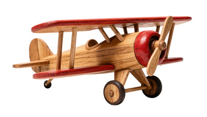 Wooden biplane toy with red accents, isolated on transparent background © PNGera