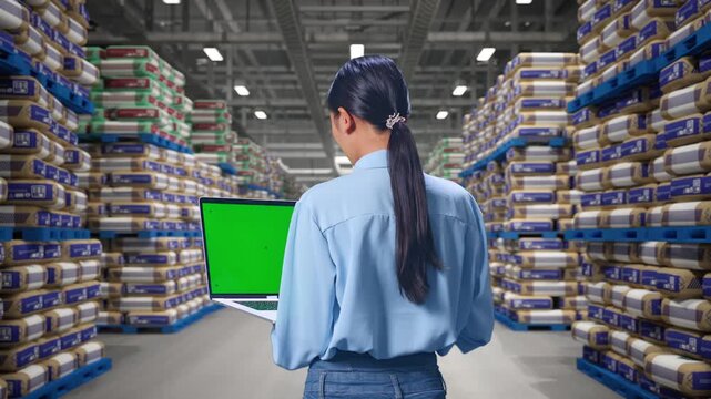 Back View Of Asian Female at Warehouse Stacked Cement Bags Pallets, Typing On Laptop'S Keyboard With Green Screen And Look