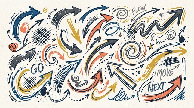 Hand-drawn Arrows and Swirls Collection, Doodle Design Elements, Colorful Sketchy Icons