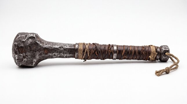 An ancient heavy iron mace with a leather wrapped handle and rope lanyard rests horizontally for historical roleplay enthusiasts showcasing medieval weapon craftsmanship and survival gear