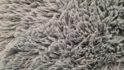 Full frame texture of a fluffy grey shaggy carpet. Soft textile fabric fur rug, cozy home interior decor backdrop. © Studenkova