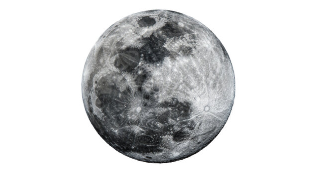 Detailed full moon with craters and maria, isolated on transparent background