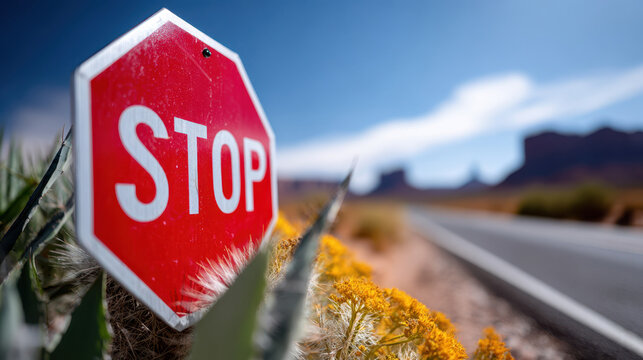 Close up red stop sign on desert road at lonely intersection with cactus and yellow wildflowers for travel safety and roadside signage visuals in arid landscape