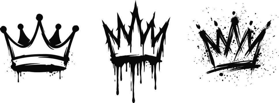 Graffiti crown vector set with dripping paint, black spray paint crown icons in street art style, urban grunge king and queen headwear illustrations