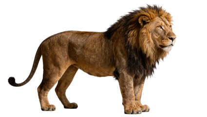Majestic male lion with full mane standing alert, isolated on transparent background © PNGera