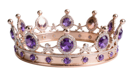 Rose gold crown with purple amethyst and diamond jewels, isolated on transparent background © PNGera