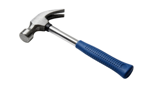 Metal claw hammer with blue rubber grip, isolated on transparent background