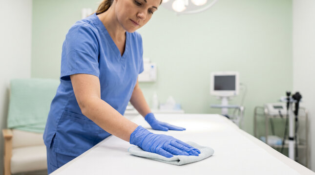 Woman Disinfecting Treatment Room for Infection Control