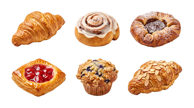 Fresh baked goods pastries and breakfast items isolated